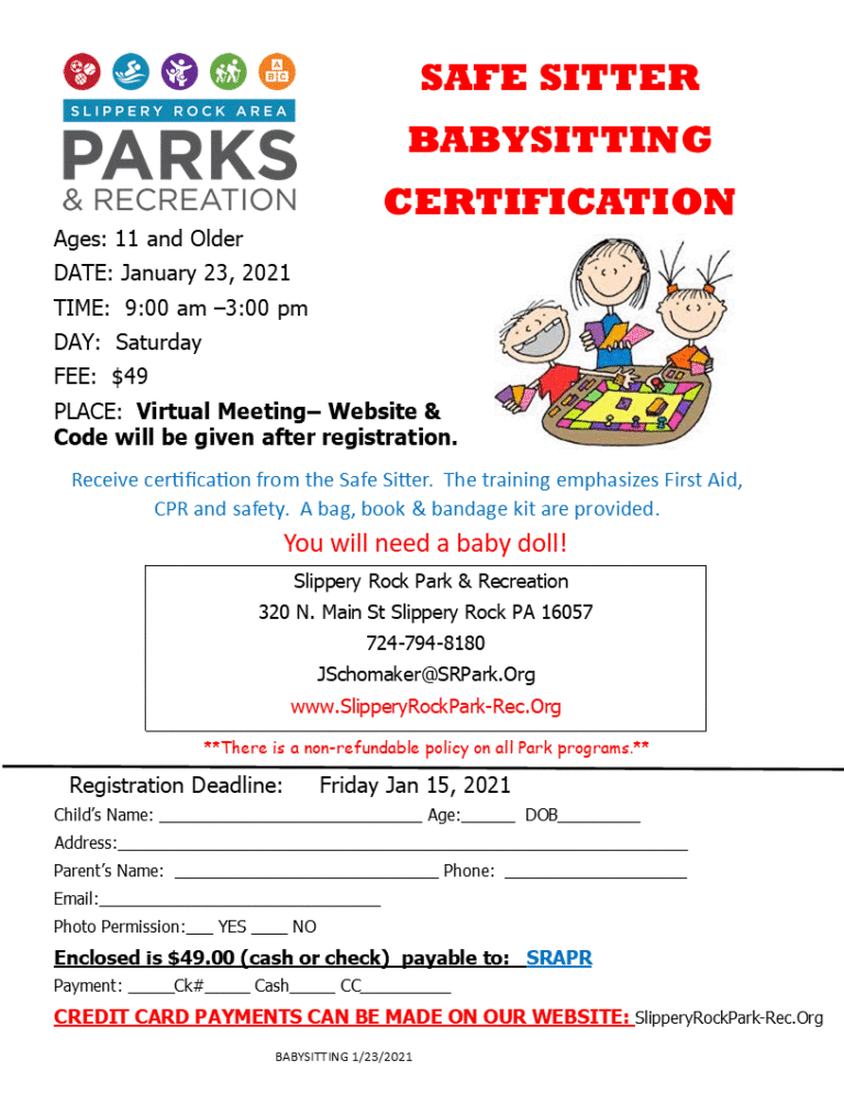 Babysitting Certification Slippery Rock Area Parks Recreation
